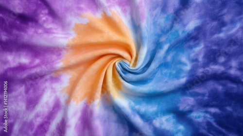 An abstract tie-dye pattern on soft cotton fabric, showcasing vivid colors and an organic texture that brings a creative, artistic vibe.