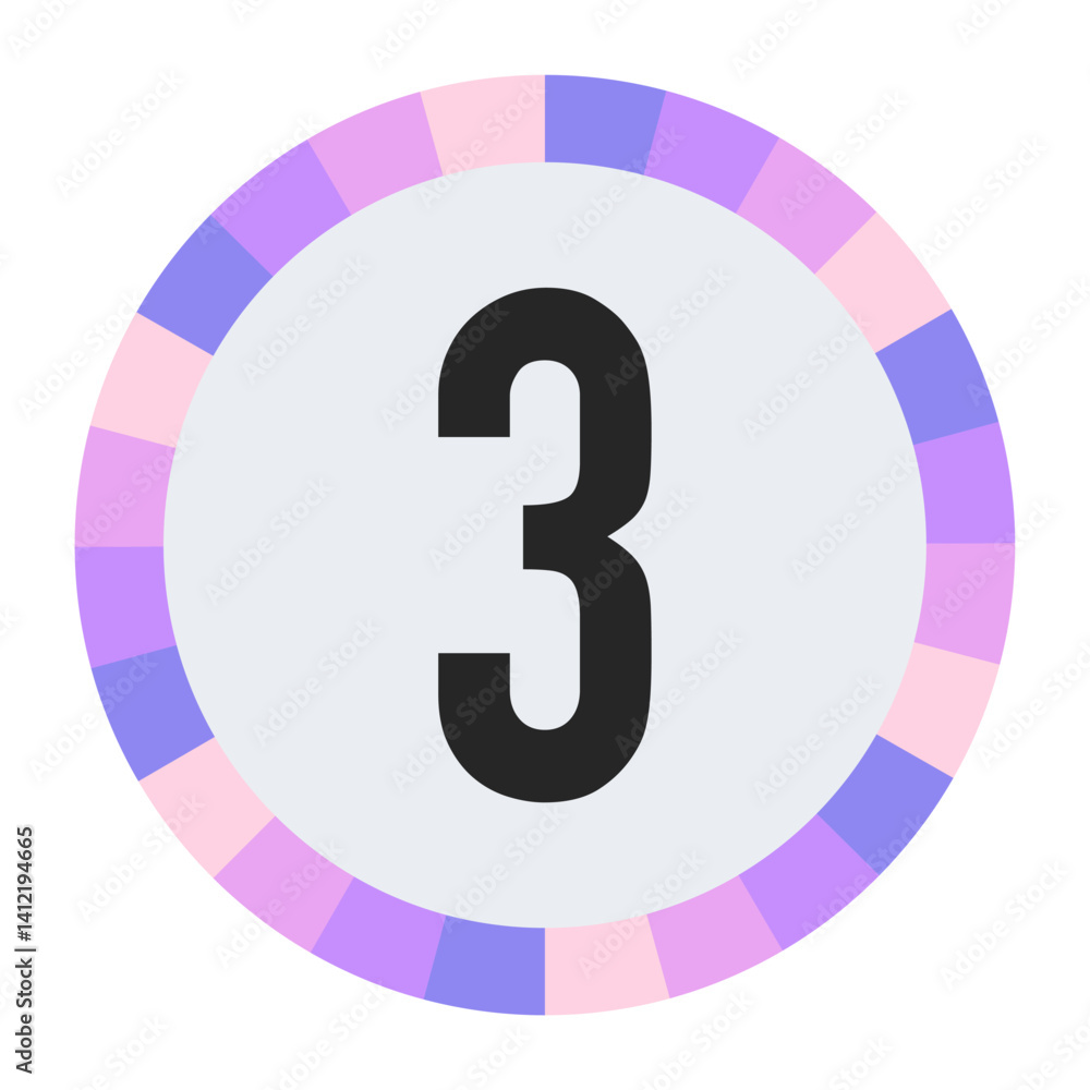 Modern Monogram number “3” in Black with Soft Pastel Pink and Blue Circular Frame on Light Gray