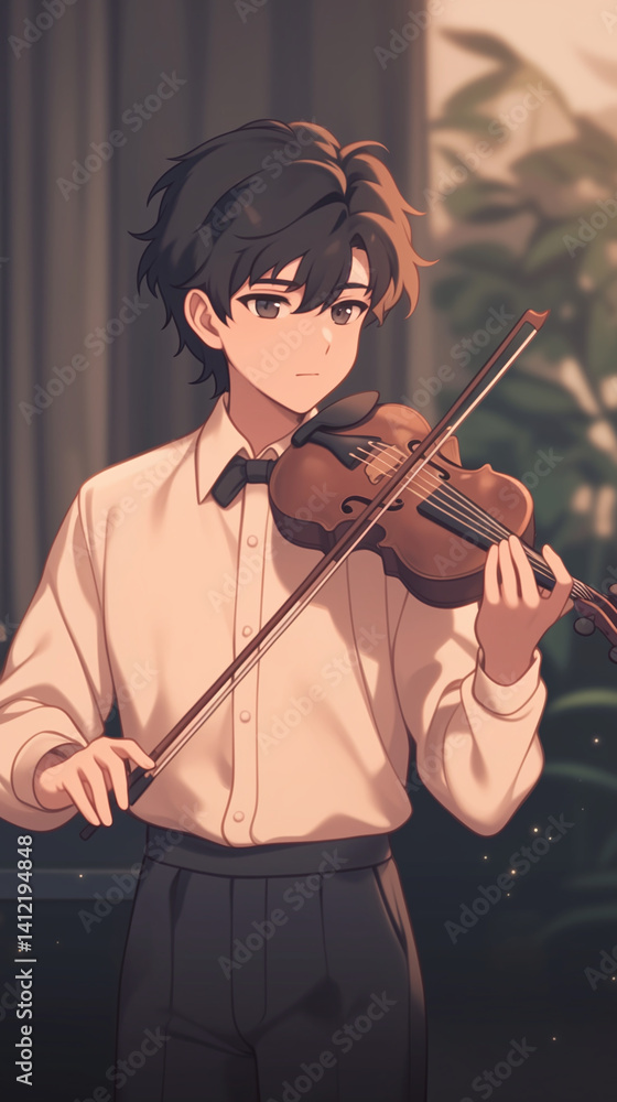 Naklejka premium Anime Boy Playing Violin - Beautiful Art