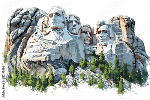 Realistic vector of Mount Rushmore with white background, detailed carvings, and green forest at the base