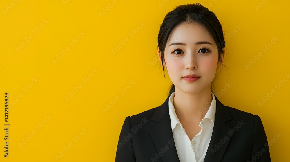 Young woman in business attire poses against a bright yellow background. Young woman in business attire poses against a bright yellow background.
