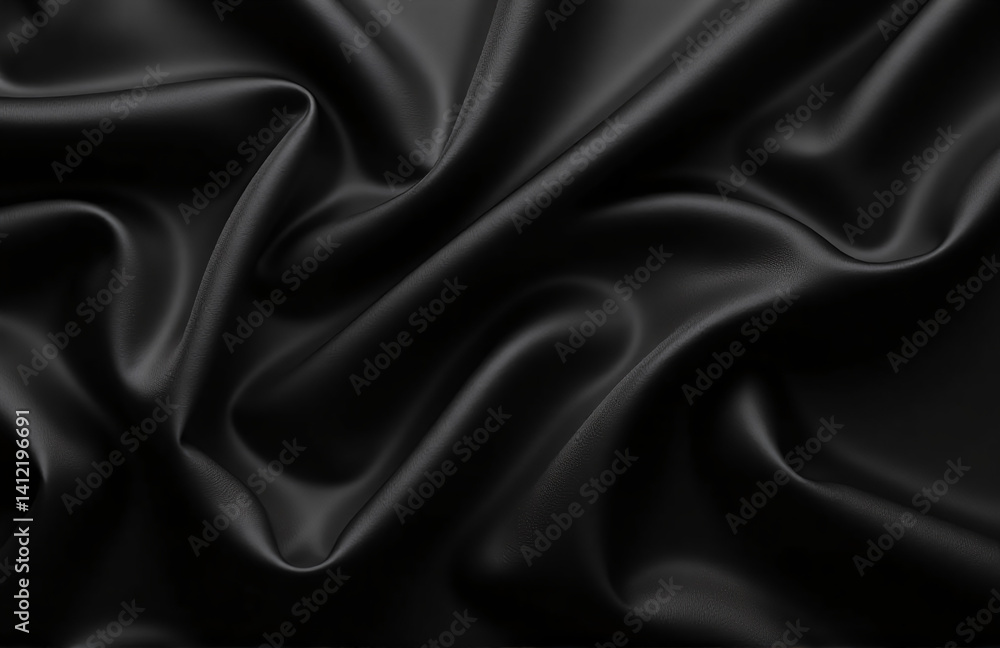 Obraz premium Softly Draped, Shiny Black Satin Provides A Luxurious Background With Ample Copy Space And Flat Lay Versatility In Wide Format.
