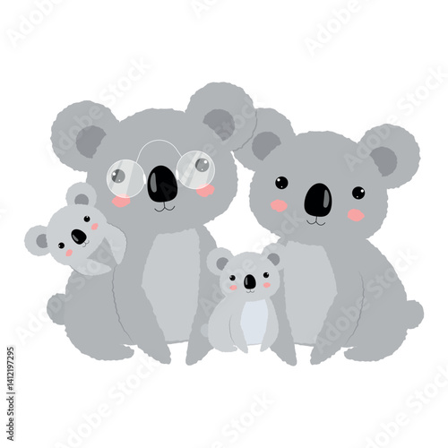 Photography Tropical illustration with cartoon cute koalas Family.