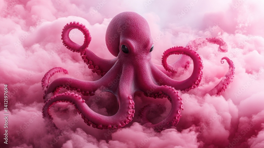 Fantasy scene of an ethereal octopus emerging from fluffy pink clouds, its tentacles curling in a mesmerizing dance. Fantasy scene of an ethereal octopus emerging from fluffy pink clouds, its tentacles curling in a mesmerizing dance.