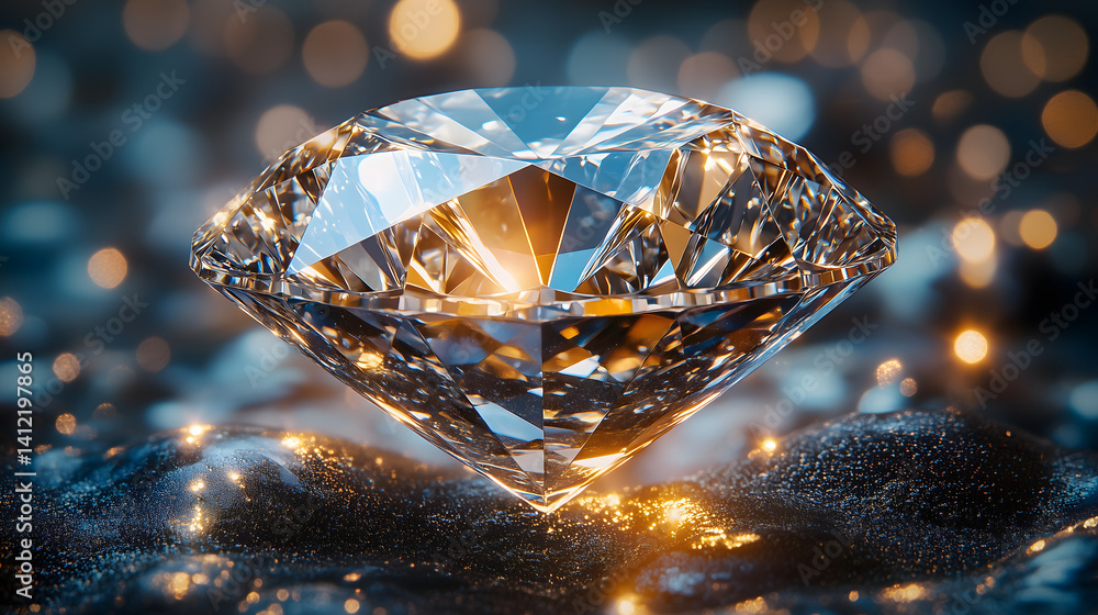 A sparkling diamond gemstone with luxurious golden bokeh background, exuding elegance and brilliance A sparkling diamond gemstone with luxurious golden bokeh background, exuding elegance and brilliance