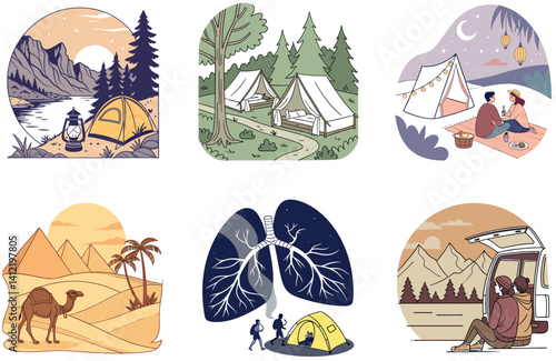 Camping Show. A Bundle of Bright and Glamorous Collection Illustrations
