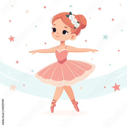 Pretty and gentle ballerina girl in pink dress dancing with stars on white background. Poster, Banner, Flyer, Greeting Card. Vector illustration in flat cartoon style