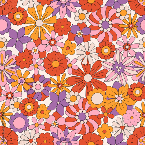 Retro seamless pattern of different chamomile flowers. Floral design with groovy hippie daisy. Vintage 70s 60s vector background