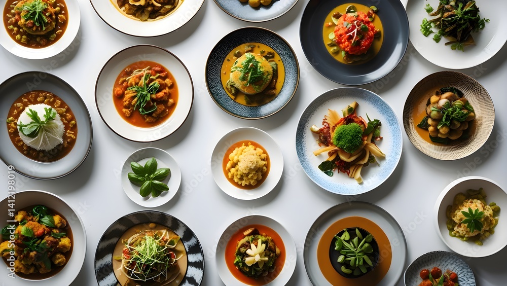 Vibrant Spread of International Dishes on a Rustic Wooden Table Vibrant Spread of International Dishes on a Rustic Wooden Table
