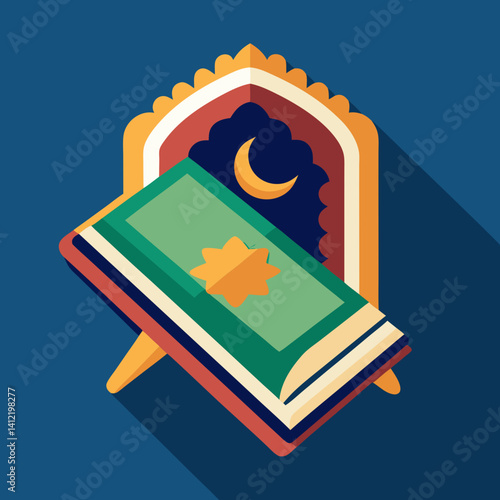 A sacred Quran rests on a prayer stand, illuminated by a crescent moon and star, symbolizing faith and devotion during Ramadan, depicted in vibrant flat design.