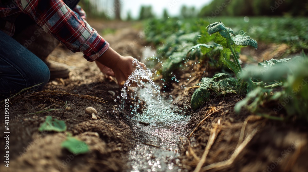Fototapeta premium Farmer irrigating his farm land with fresh water from nearby stream in a sustainable way agriculture concept