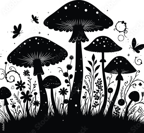 Collection of various mushrooms growing in a natural setting surrounded by grass and rocks