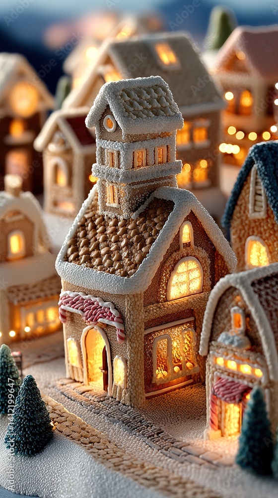Miniature Christmas village houses with illuminated windows and snowy roofs. Miniature Christmas village houses with illuminated windows and snowy roofs.
