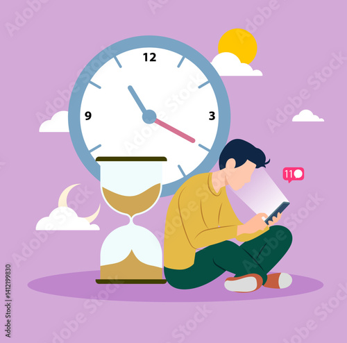 smartphone addiction wasting time scrolling exhausted man clock sandglass using smartphone concept vector illustration