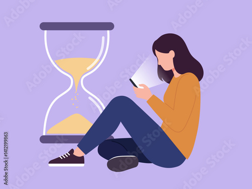 smartphone addiction wasting time scrolling exhausted man clock sandglass using smartphone concept vector illustration