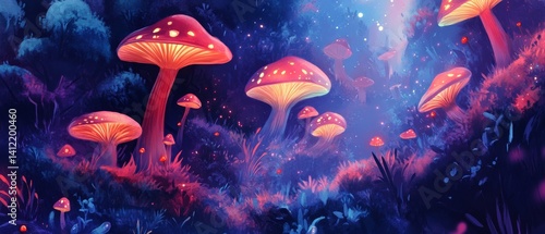 Obraz na płótnie A painting of a forest with many red mushrooms w salonie