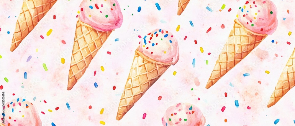 A watercolor painting of several ice cream cones with sprinkles on top