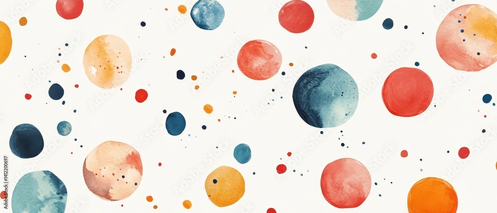 A colorful painting of many small circles with a white background