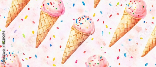 Obraz na płótnie A watercolor painting of several ice cream cones with sprinkles on top w salonie