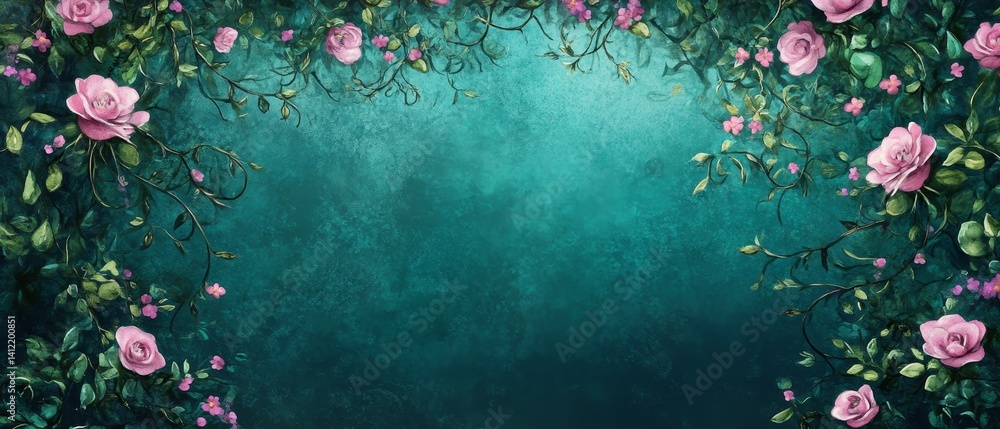 A blue background with pink flowers and green leaves