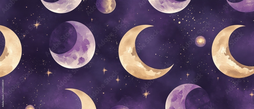 A purple and gold moon pattern with stars and crescent moons