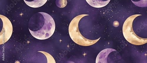 Obraz na płótnie A purple and gold moon pattern with stars and crescent moons w salonie