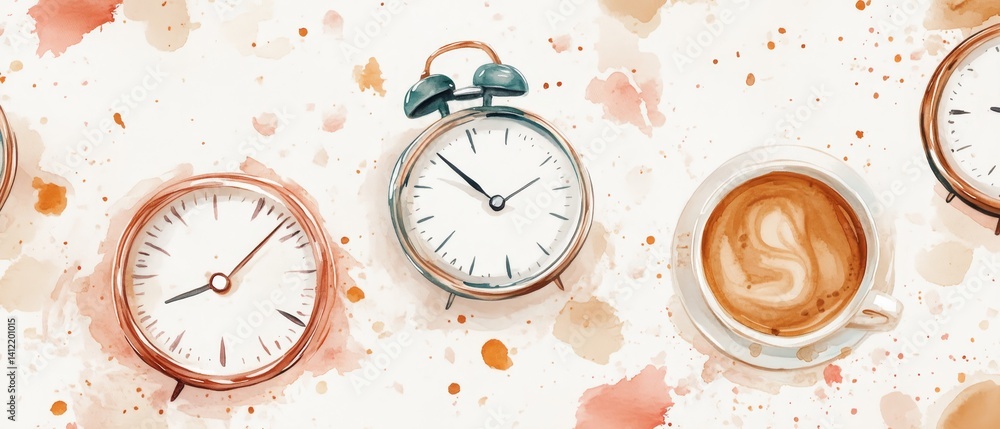 A painting of three clocks and a cup of coffee