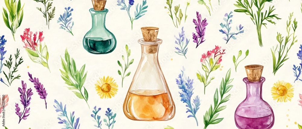 A watercolor painting of three different colored vials of essential oils