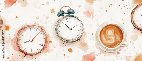 Obraz na płótnie A painting of three clocks and a cup of coffee w salonie