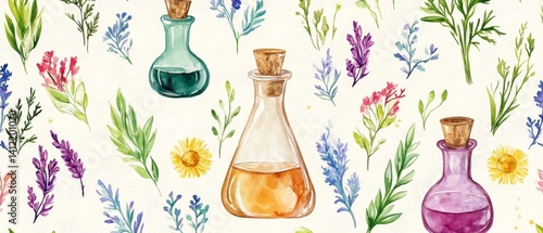 Obraz na płótnie A watercolor painting of three different colored vials of essential oils w salonie