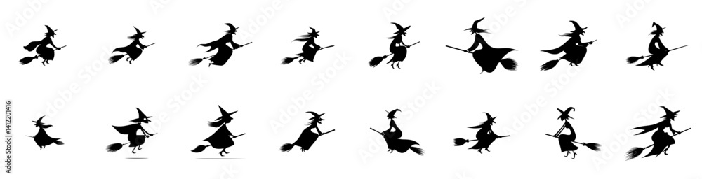 Fototapeta premium Set of eighteen black witch on broom silhouette icons. 