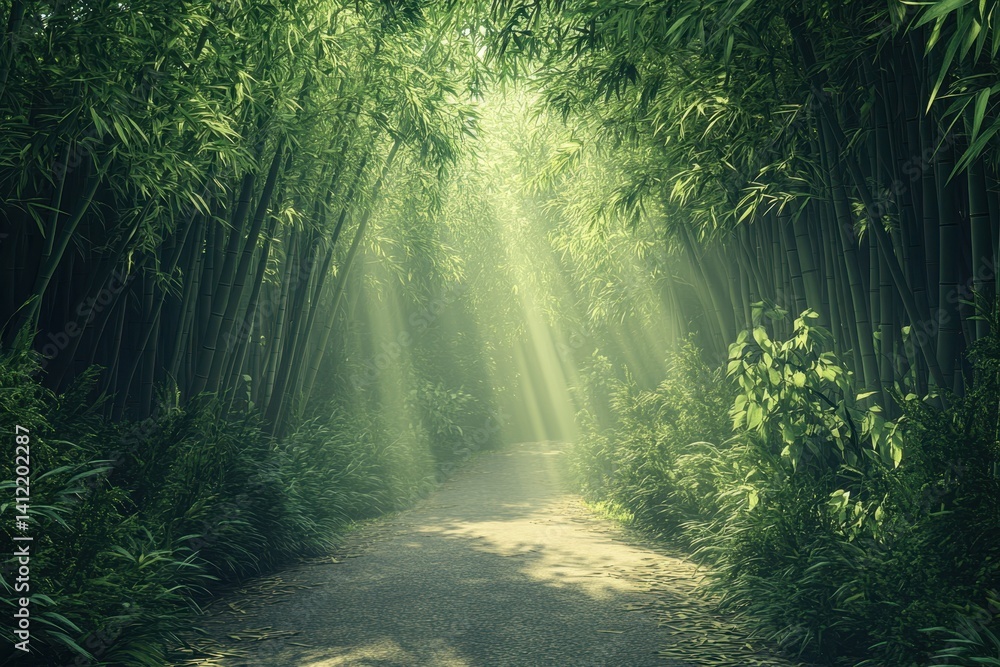 Fototapeta premium Sunlight filters through a lush bamboo forest creating a peaceful pathway