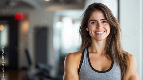 Smiling athletic woman in sportswear portrait after fitness workout session Free Download Smiling athletic woman in sportswear portrait after fitness workout session - GFXLoad