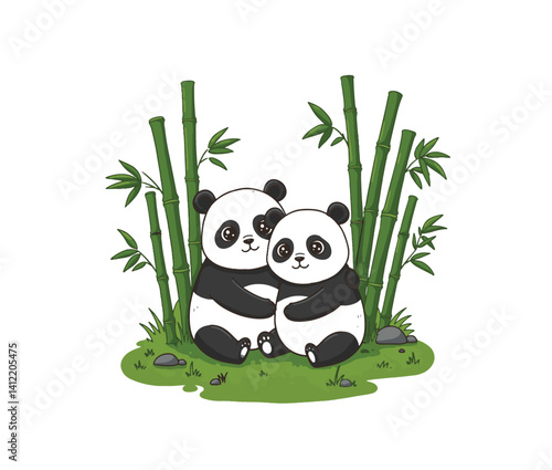 Panda friends surrounded by peaceful green scenery