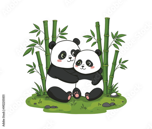 Whimsical pandas enjoying their bamboo surroundings