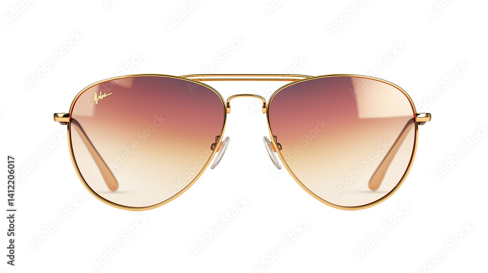 Pair of aviator sunglasses with gold frame and gradient lenses, photorealistic reflections, white background Pair of aviator sunglasses with gold frame and gradient lenses, photorealistic reflections, white background
