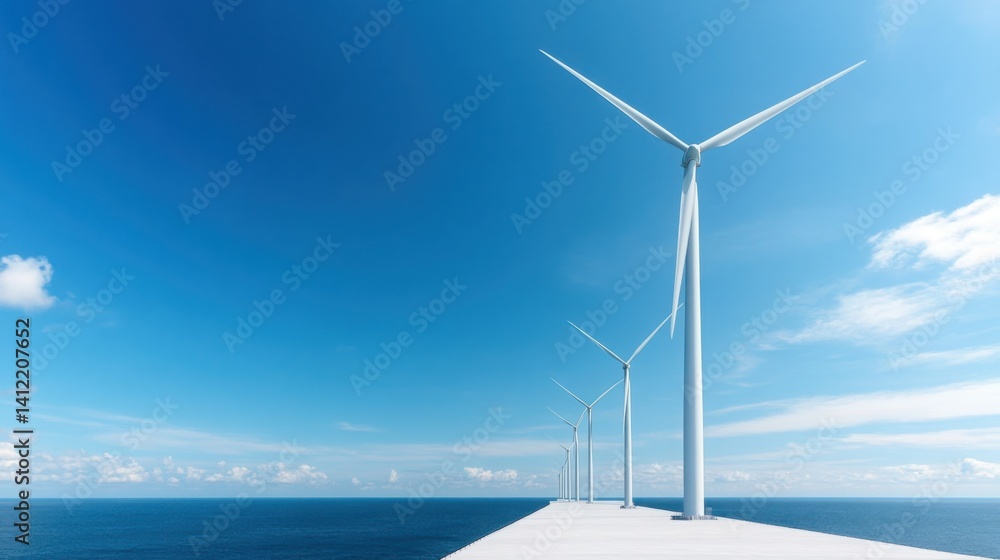 A row of wind turbines lined up neatly in the sea