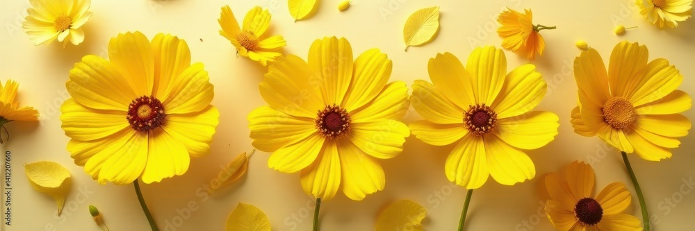 Fototapeta premium Dried yellow cosmos blossom, flat pressed, studio shot , botanical, sun