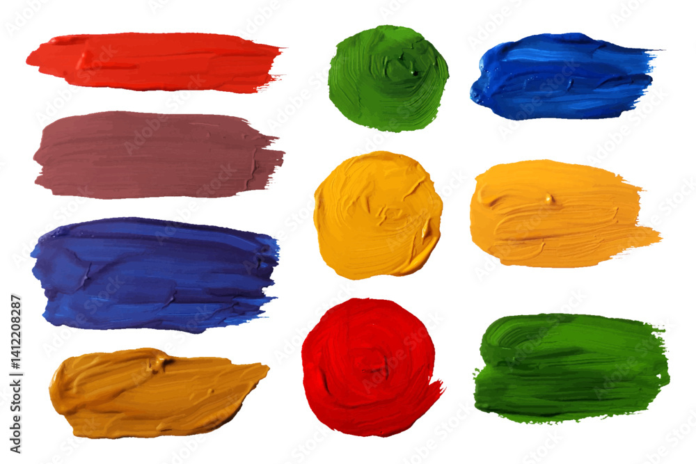 Acrylic or oil hand painting matte brush stroke blot spot shape set. Gouache splash or scribble artistic pallet. Background banner, border or frame flashy vector texture design element on white