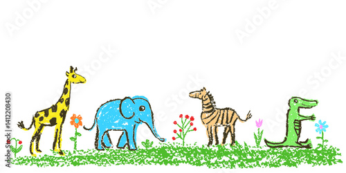 Crayon like kid`s hand drawn wild animals set on flower meadow. Giraffe, elephant, zebra and crocodile. Child`s artistic stroke pastel chalk or pencil vector doodle art. Childlike funny cartoon style