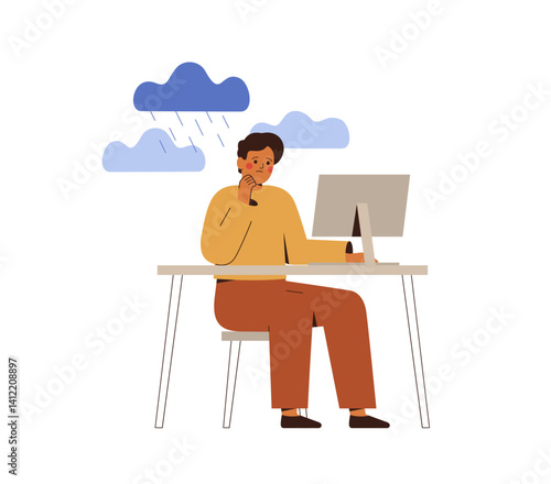 toxic work environment. Sad man overworked and has depression by that. Overwhelmed employee by deadline at office computer desk.  bullying at internet. business and mental health vector illustration