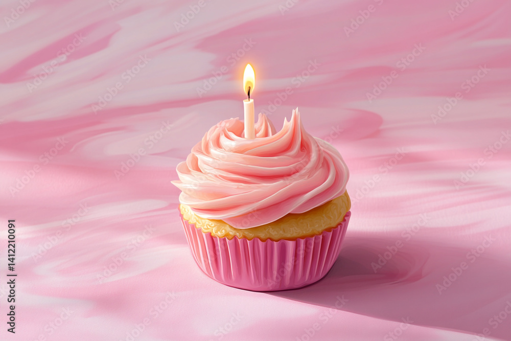 Pink cupcake with one candle on a pink background a sweet birthday treat Pink cupcake with one candle on a pink background a sweet birthday treat