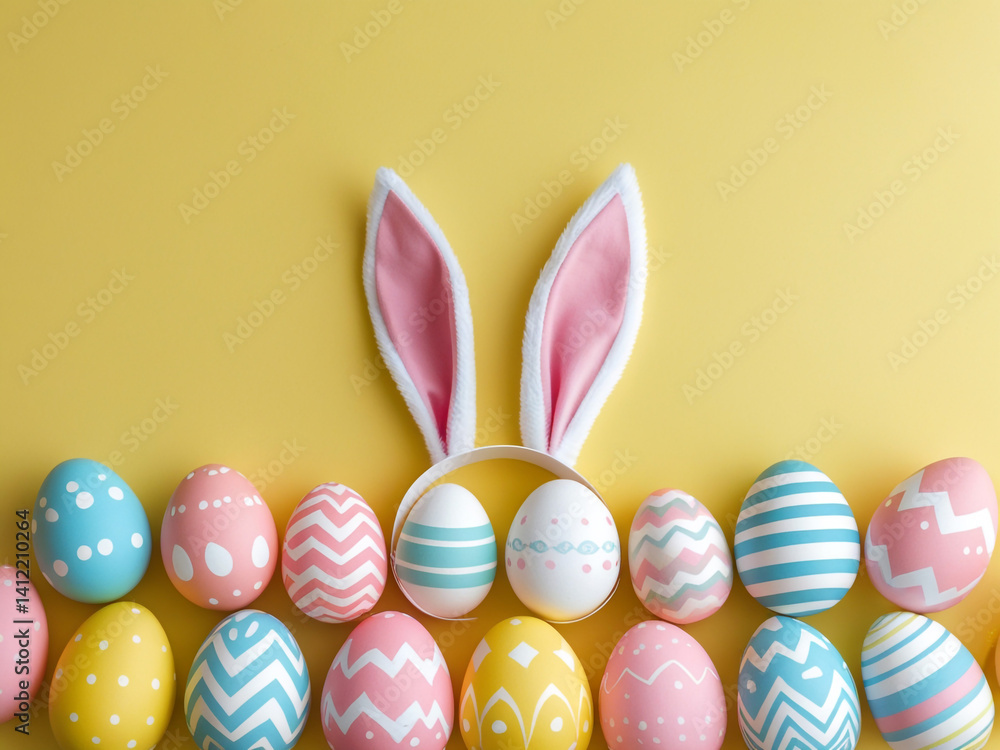 Colorful Easter eggs with bunny ears on yellow background Colorful Easter eggs with bunny ears on yellow background