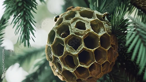 Honeycomb Nest on Fir Branch