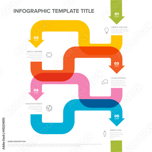 A colorful infographic template featuring a five-step flowchart with curved arrows in green, yellow, orange, pink, and blue. Perfect for presenting sequential processes or steps.