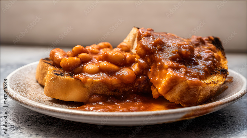 Mouthwatering Beans on Toast Served on a Rustic Plate with Savory Tomato Sauce, Ideal for Comfort Food Lovers Mouthwatering Beans on Toast Served on a Rustic Plate with Savory Tomato Sauce, Ideal for Comfort Food Lovers