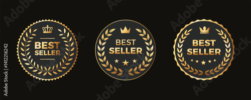 Golden round best seller badges, stickers, labels collection in black background. Elegant logos premium with crown and wreath