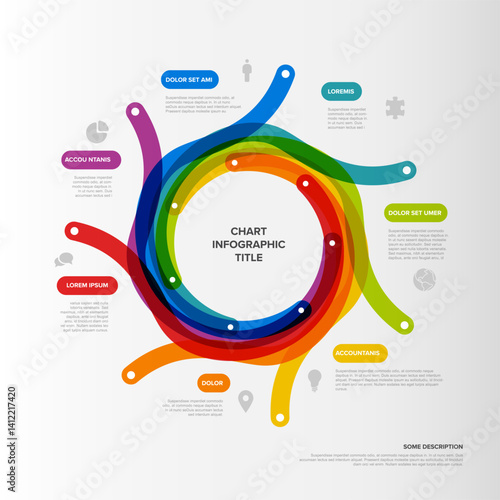 A colorful circular infographic design with overlapping segments and areas for text. The diagram is surrounded by icons, detailed text, and vibrant color-coded elements.