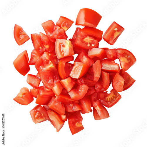 Diced red tomato pieces on transparent background.