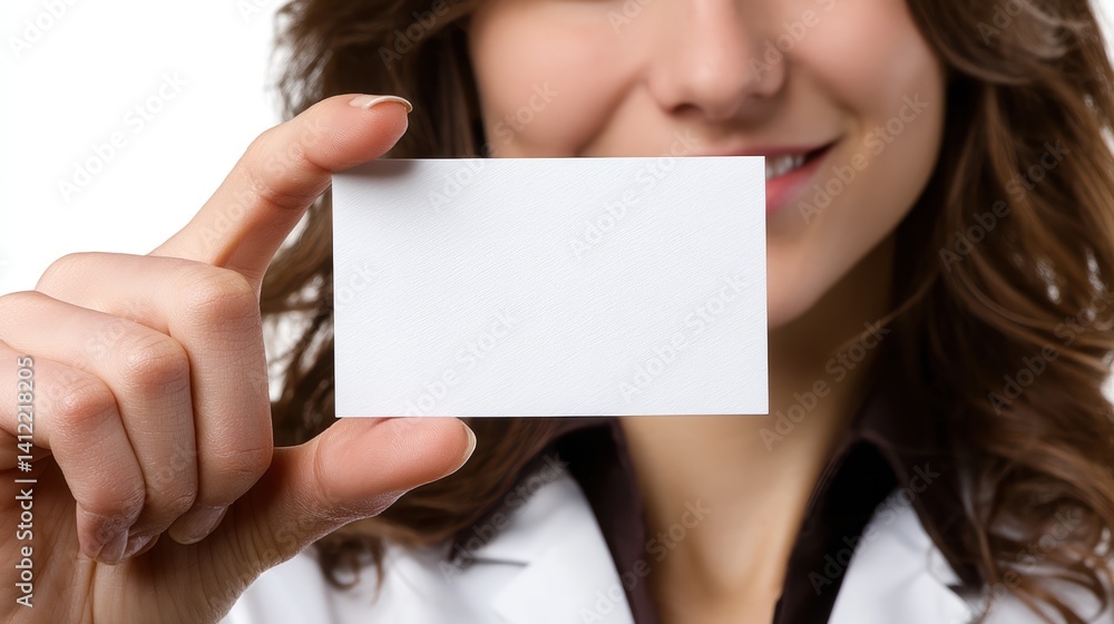 A smiling woman in a lab coat holds a blank white card, suggesting possibilities for customization or branding. A smiling woman in a lab coat holds a blank white card, suggesting possibilities for customization or branding.